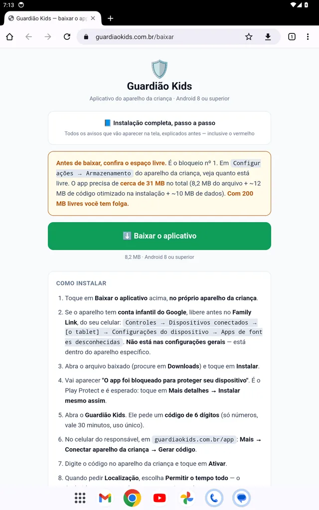 A página guardiaokids.com.br/baixar aberta no navegador do tablet, com o botão verde Baixar o aplicativo