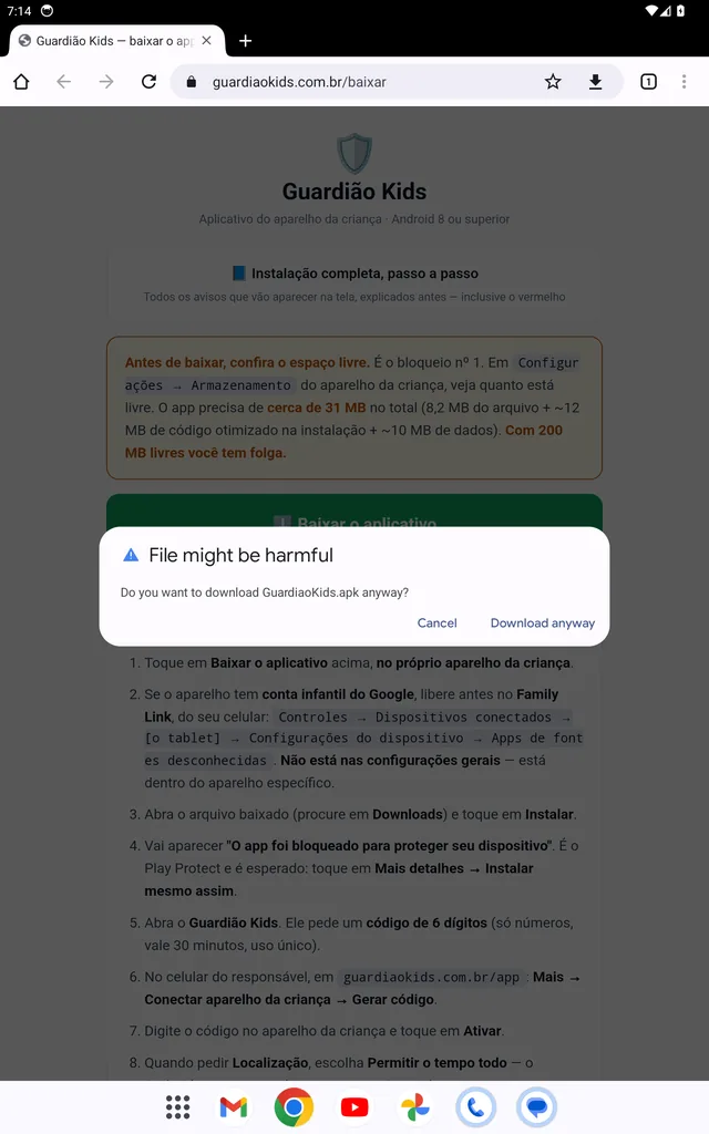 Aviso do navegador: o arquivo pode ser prejudicial, quer baixar mesmo assim