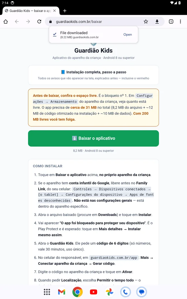 Aviso do navegador informando que o arquivo do aplicativo foi baixado