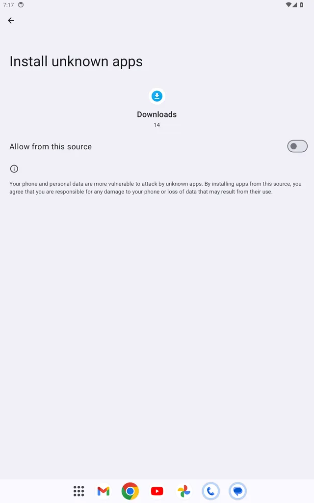 Tela Instalar apps desconhecidos com a chave Permitir desta fonte