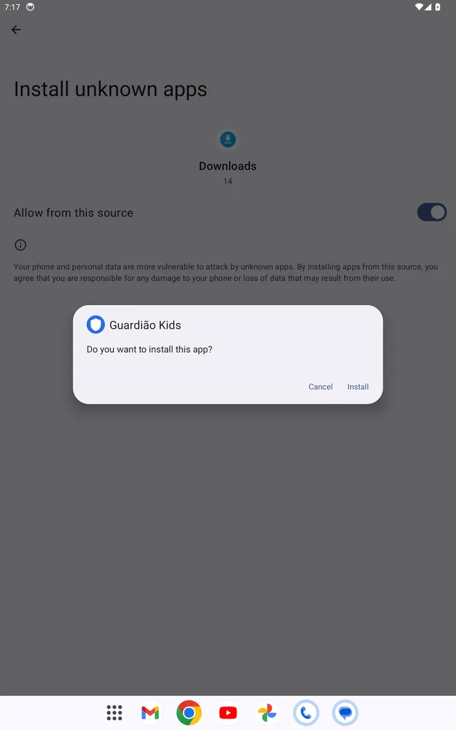 Caixa perguntando se deseja instalar o aplicativo Guardião Kids