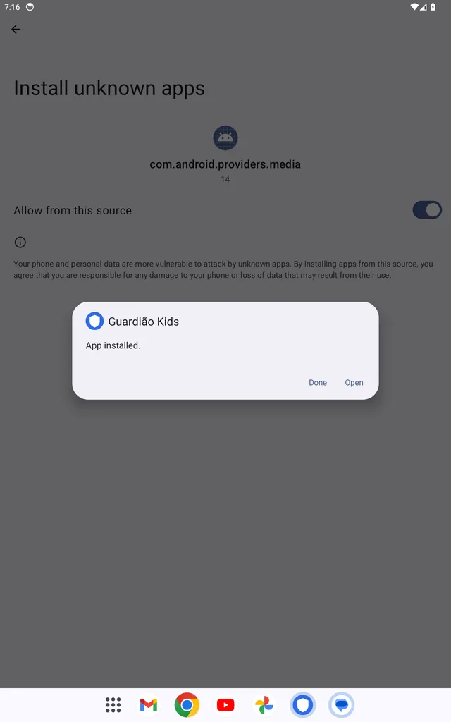 Confirmação de que o app Guardião Kids foi instalado, com os botões Concluído e Abrir
