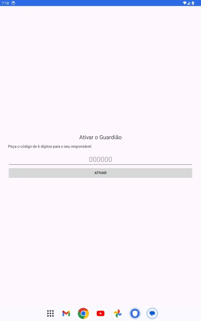 Tela Ativar o Guardião pedindo o código de 6 dígitos, com o botão ATIVAR