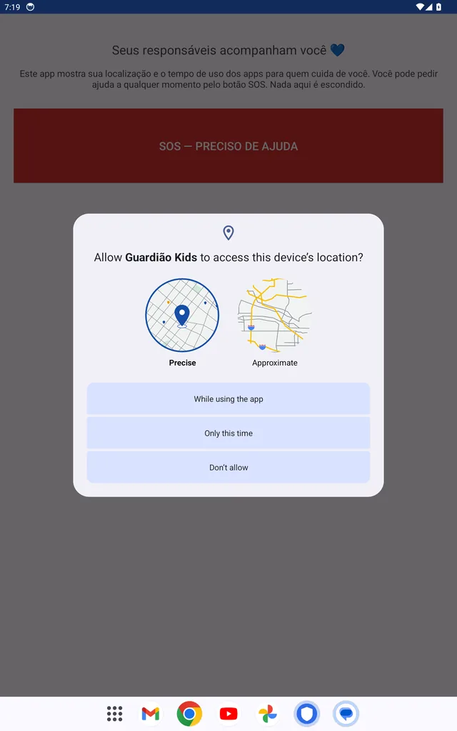Diálogo do Android pedindo acesso à localização, com as opções Ao usar o app, Somente desta vez e Não permitir