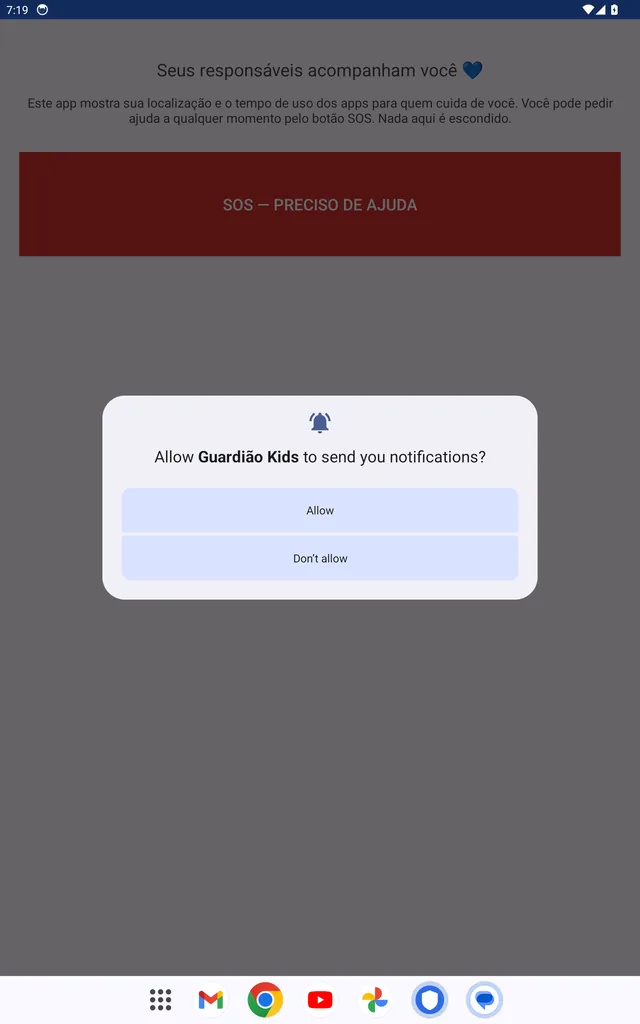 Diálogo perguntando se o Guardião Kids pode enviar notificações