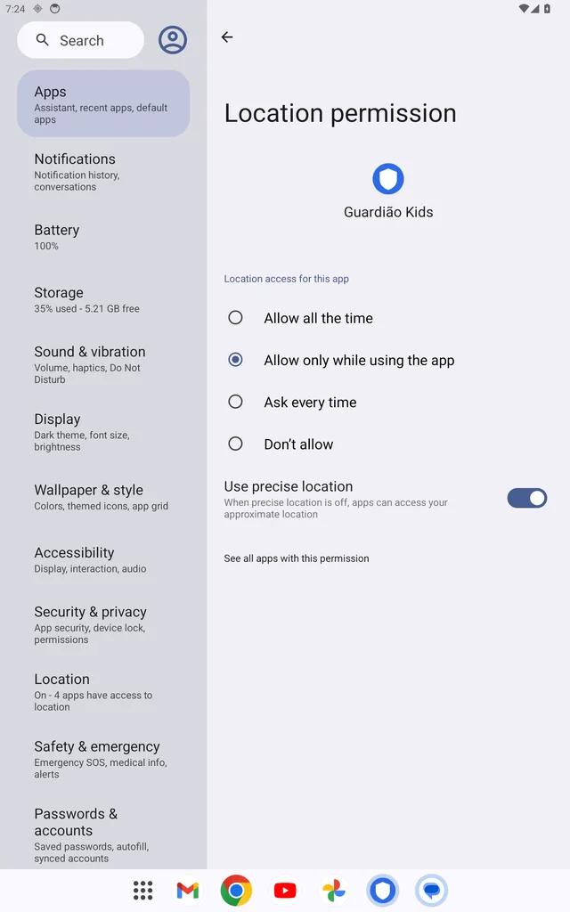 Tela de permissão de localização do app com a opção Permitir o tempo todo selecionada